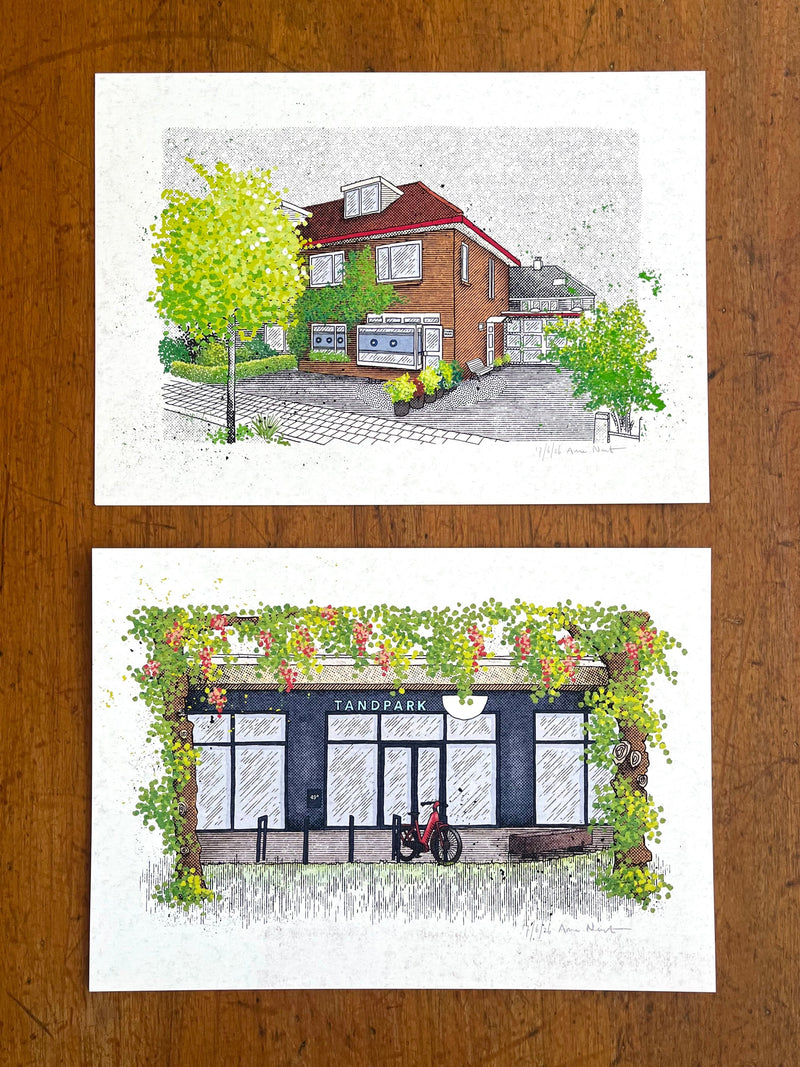 Illustratie op maat van tandartspraktijk. Getekend door Anne Neuteboom, cabaretier. Anne Neut Boetiek.