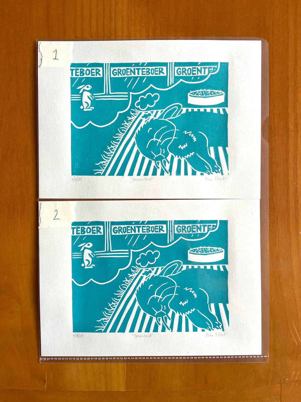 Lino print van tekening van dromend konijn door Anne Neuteboom cabaretier Anne Neut Boetiek