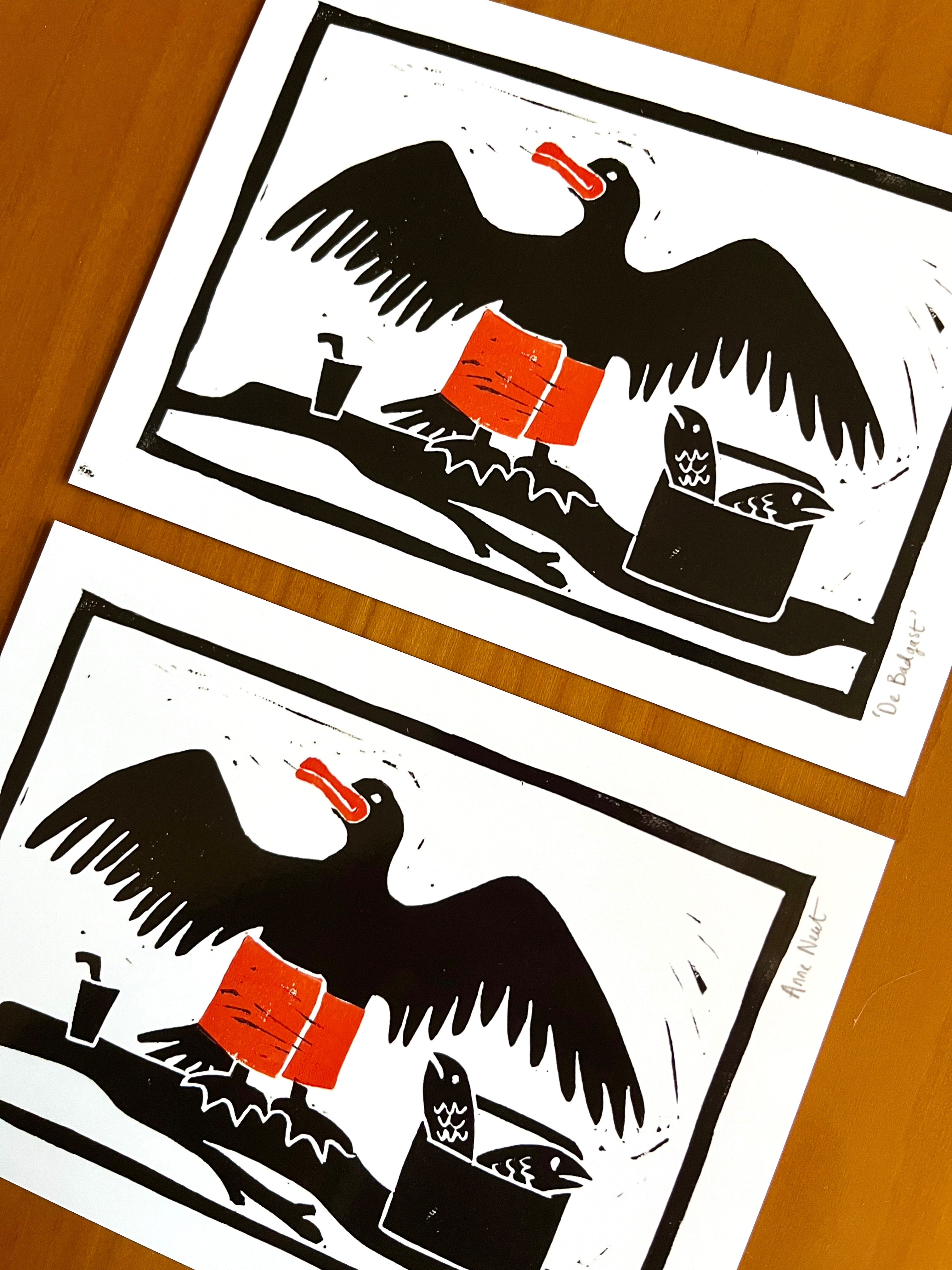 kaart van linoprint met aalscholver door Anne Neuteboom cabaretier Anne Neut Boetiek