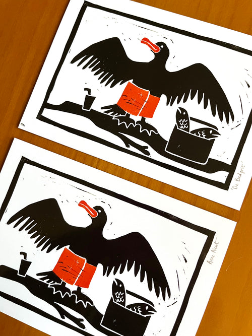 kaart van linoprint met aalscholver door Anne Neuteboom cabaretier Anne Neut Boetiek
