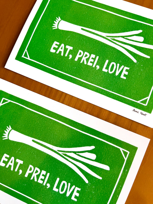 kaart met linoprint van prei door Anne Neuteboom cabaretier Anne Neut Boetiek