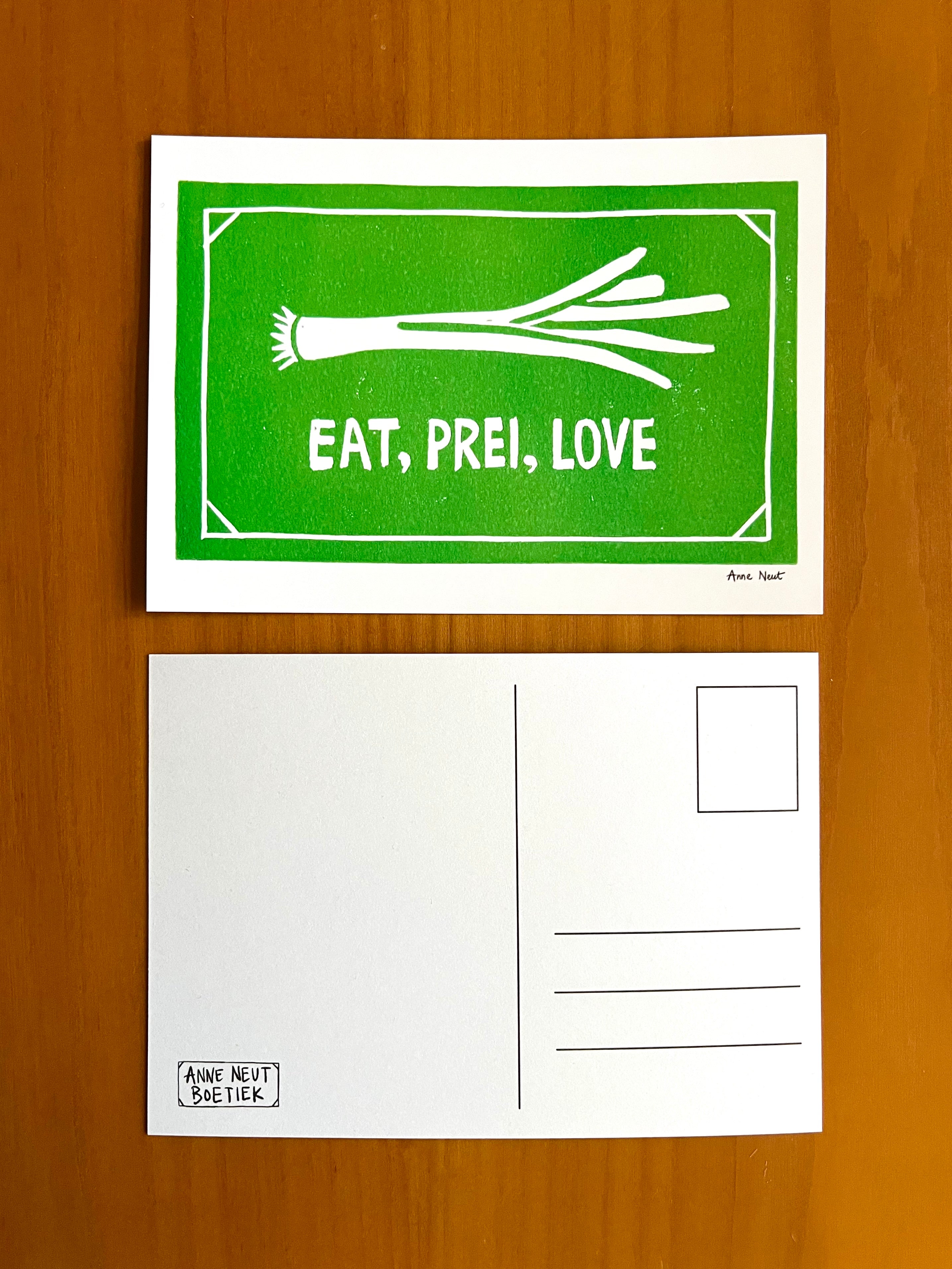 kaart met linoprint van prei door Anne Neuteboom cabaretier Anne Neut Boetiek