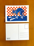 Kaart van linoprint met kotsende kat door Anne Neuteboom cabaretier Anne Neut Boetiek