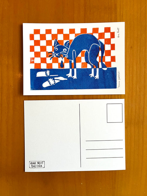 Kaart van linoprint met kotsende kat door Anne Neuteboom cabaretier Anne Neut Boetiek