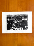 Lino print van tekening van dromend konijn door Anne Neuteboom cabaretier Anne Neut Boetiek