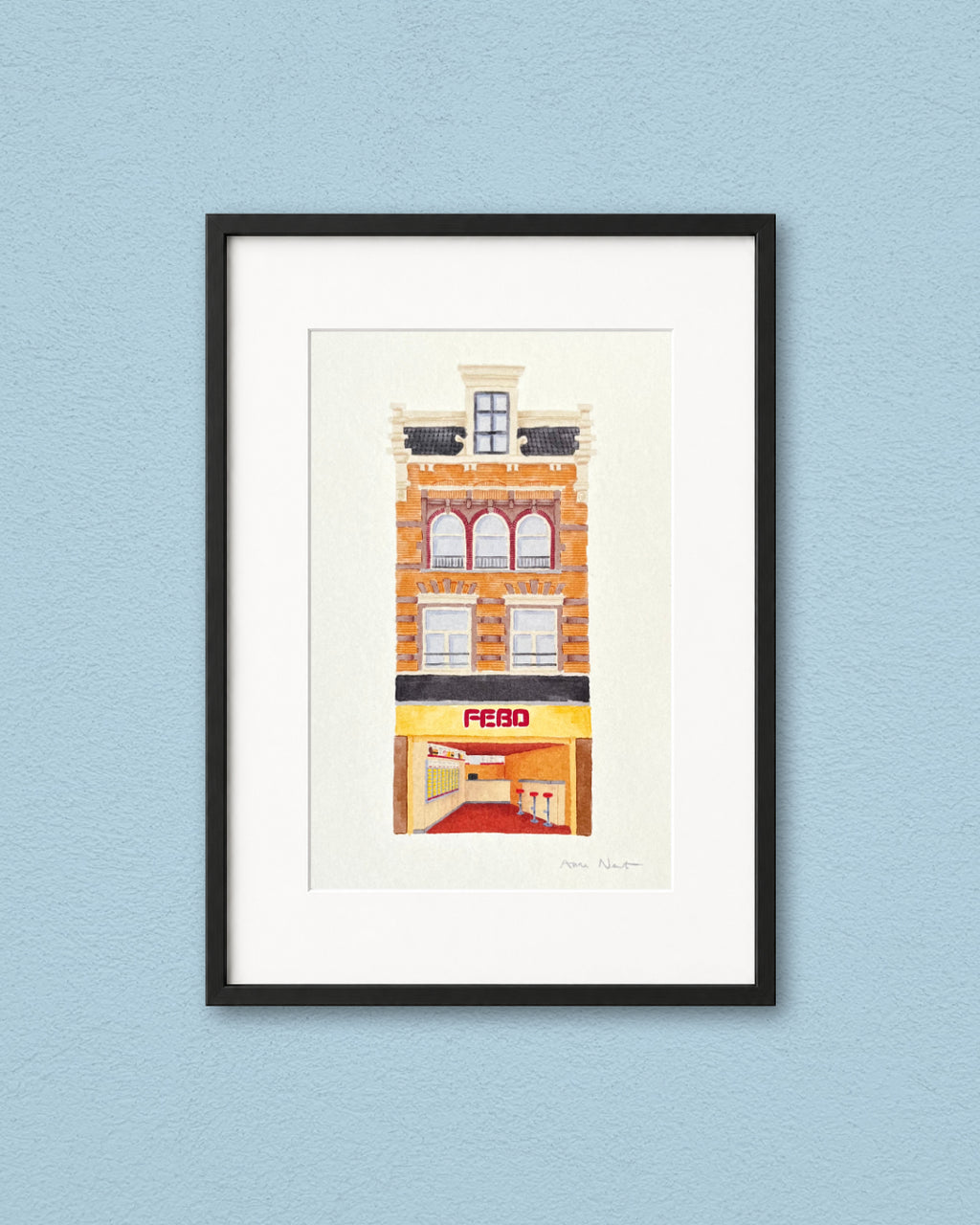 Tekening van FEBO snackbar Nieuwendijk Amsterdam. Getekend door Anne Neuteboom, cabaretier. Anne Neut Boetiek.