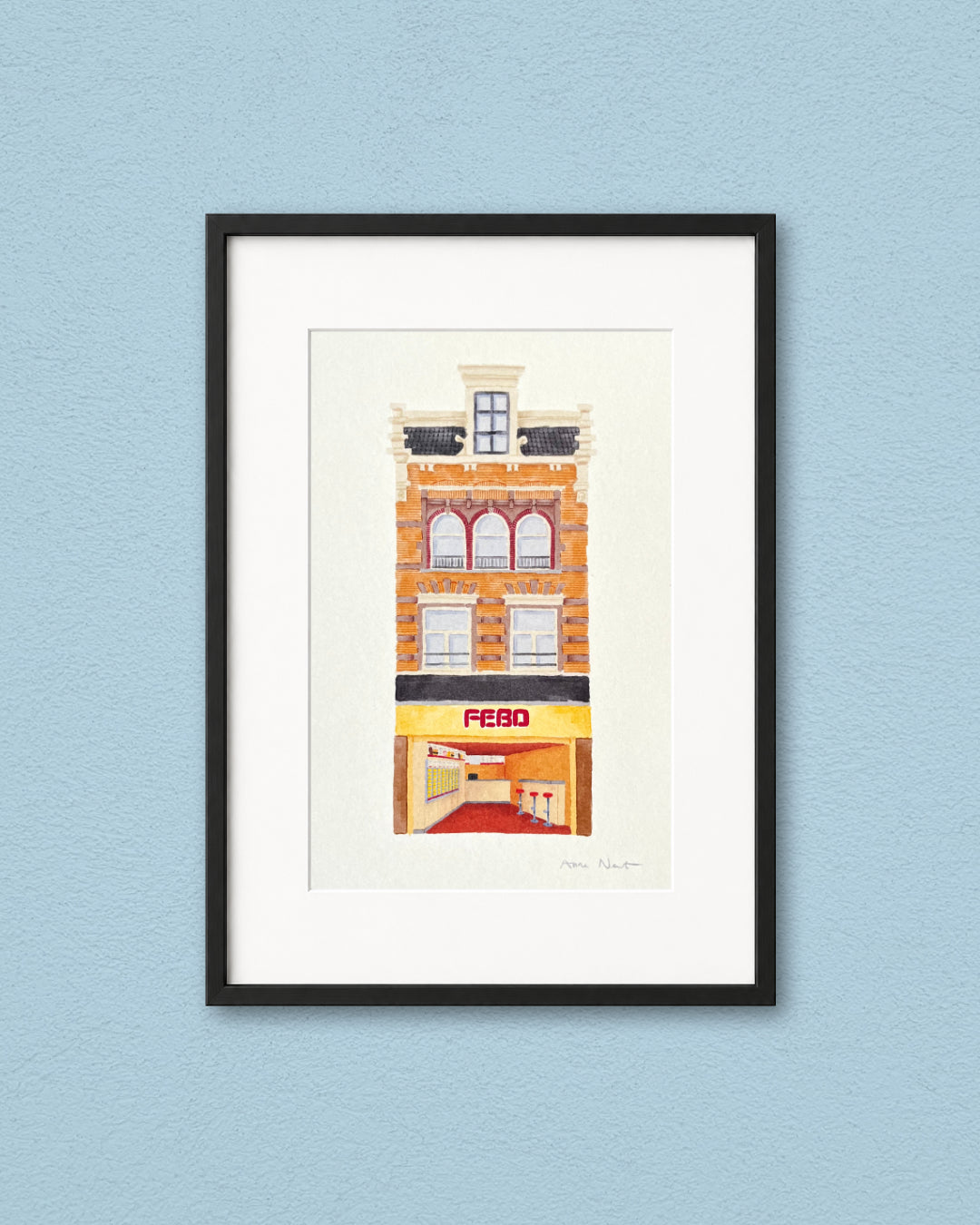 Tekening van FEBO snackbar Nieuwendijk Amsterdam. Getekend door Anne Neuteboom, cabaretier. Anne Neut Boetiek.