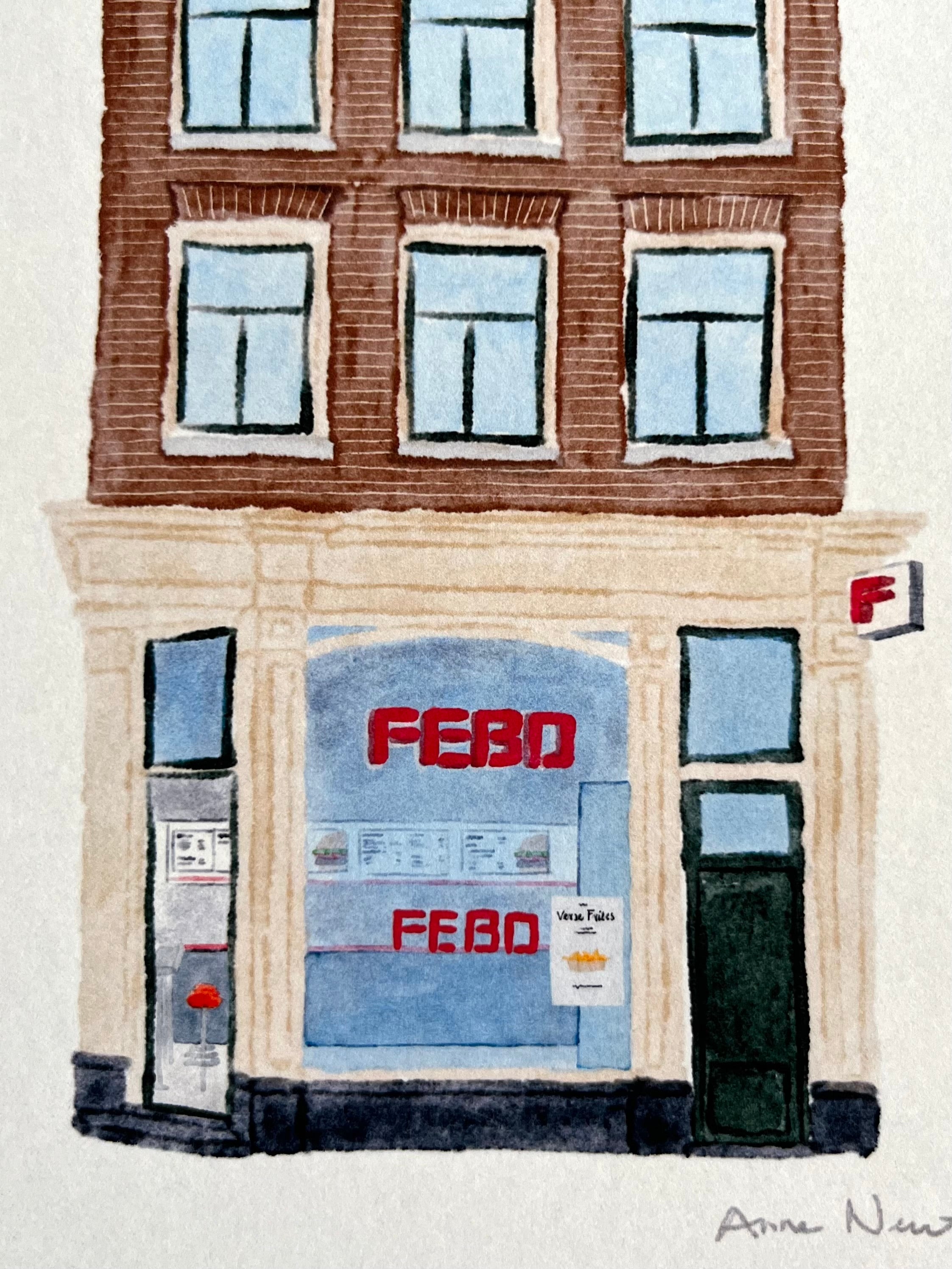 Tekening van Febo snackbar aan de Nieuwezijds Voorburgwal in Amsterdam. Door Anne Neuteboom, cabaretier. Anne Neut Boetiek.