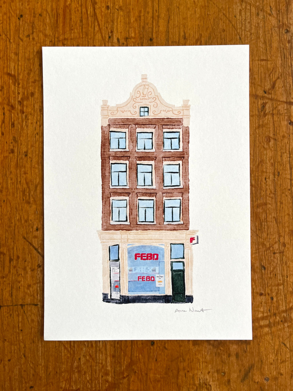 Tekening van Febo snackbar aan de Nieuwezijds Voorburgwal in Amsterdam. Door Anne Neuteboom, cabaretier. Anne Neut Boetiek.