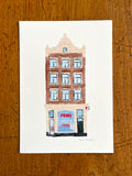 Tekening van Febo snackbar aan de Nieuwezijds Voorburgwal in Amsterdam. Door Anne Neuteboom, cabaretier. Anne Neut Boetiek.