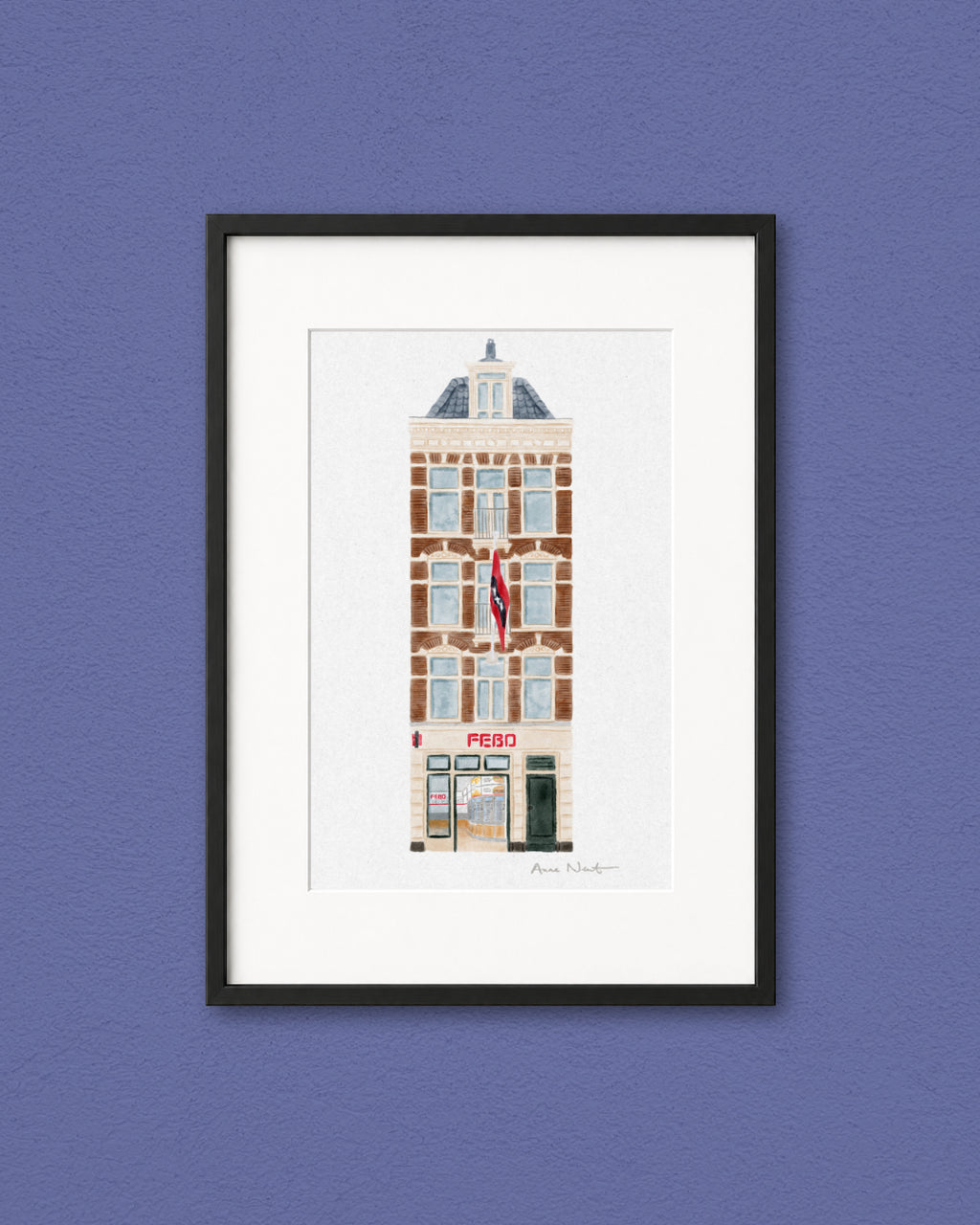 Fine art print van tekening van Febo Rozengracht in Amsterdam. Gemaakt door Anne Neuteboom, cabaretier. Anne Neut Boetiek.