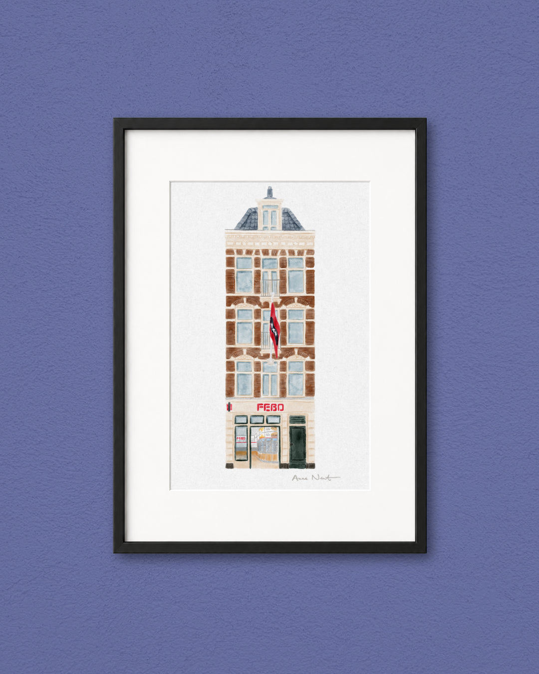 Fine art print van tekening van Febo Rozengracht in Amsterdam. Gemaakt door Anne Neuteboom, cabaretier. Anne Neut Boetiek.