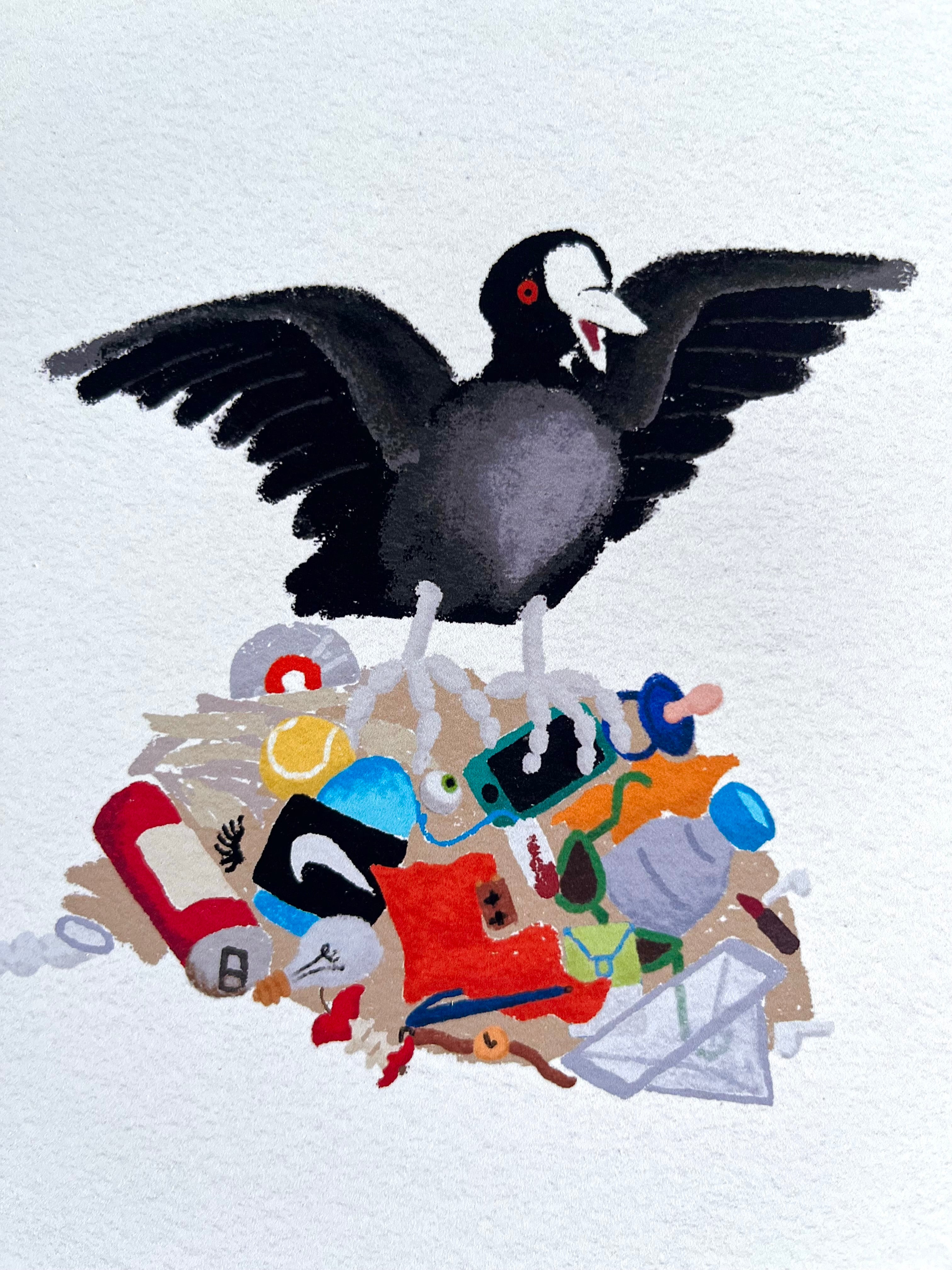 Fine art print van tekening van meerkoet op vuilnisnest door Anne Neuteboom cabaretier Anne Neut Boetiek