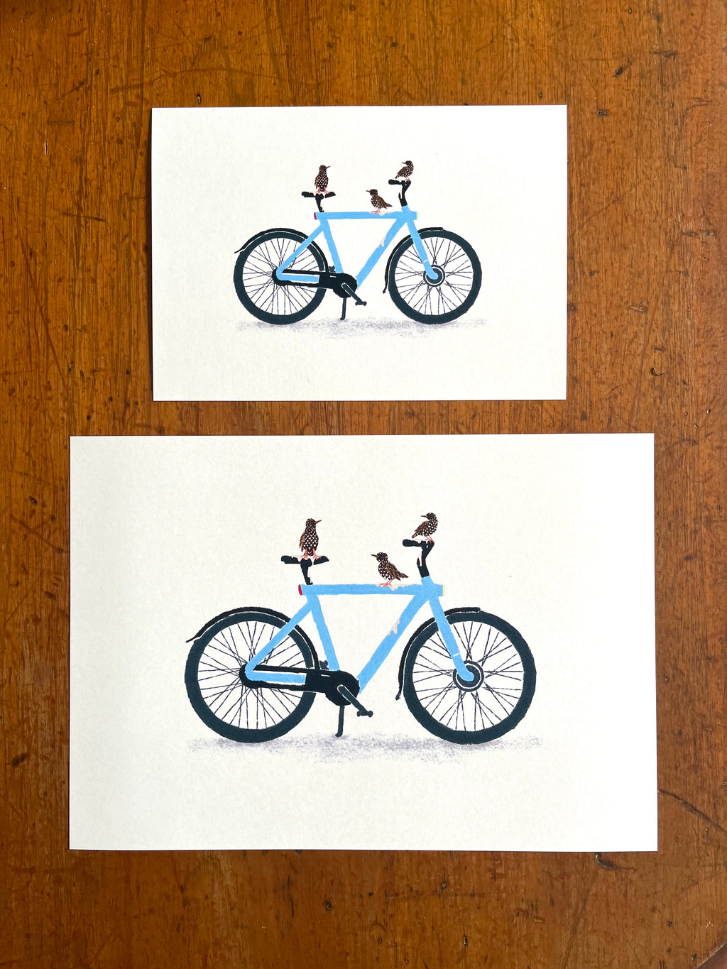 Illustratie van drie spreeuwen die elektrische fiets onder gepoept hebben door Anne Neuteboom cabaretier Anne Neut Boetiek