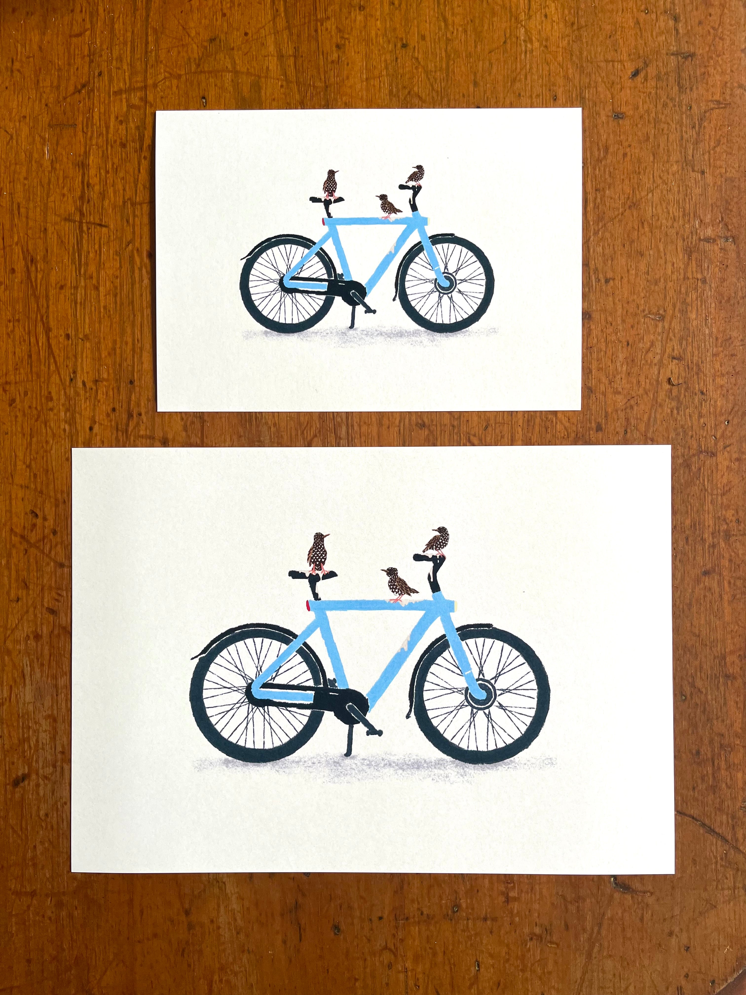 Illustratie van drie spreeuwen die elektrische fiets onder gepoept hebben door Anne Neuteboom cabaretier Anne Neut Boetiek