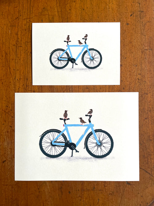 Illustratie van drie spreeuwen die elektrische fiets onder gepoept hebben door Anne Neuteboom cabaretier Anne Neut Boetiek