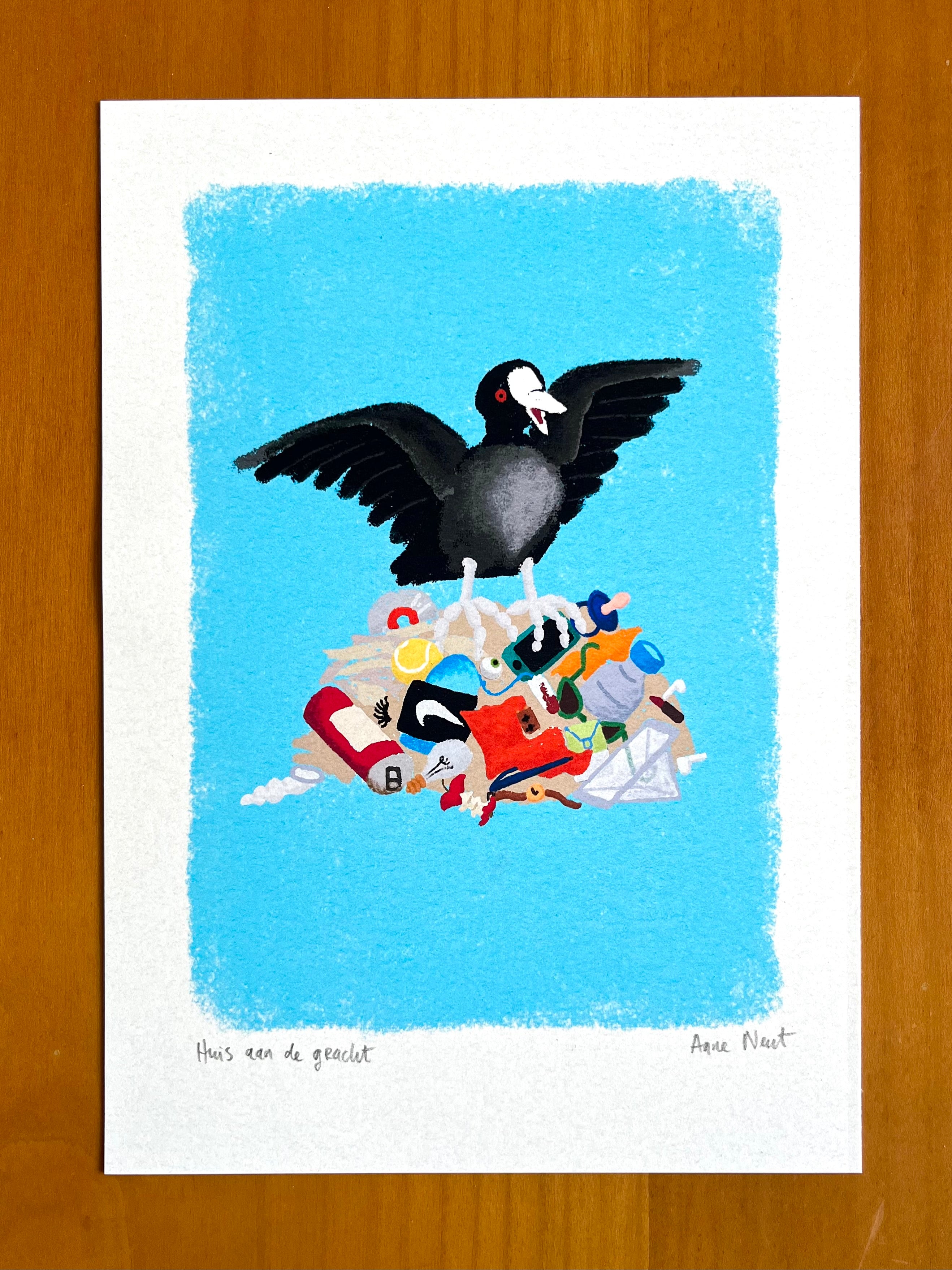 Fine art print van tekening van meerkoet op vuilnisnest door Anne Neuteboom cabaretier Anne Neut Boetiek