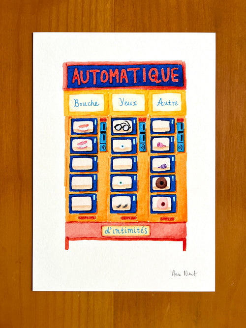 Tekening van een automatiek met protheses door Anne Neuteboom cabaretier Anne Neut Boetiek