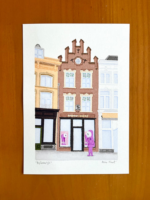 Tekening van de Geske Satisfyer outlet store in Den Bosch ‘s-Hertogenbosch aan de Markt door Anne Neuteboom cabaretier Anne Neut Boetiek