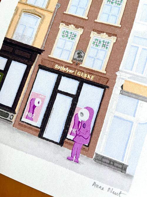 Tekening van de Geske Satisfyer outlet store in Den Bosch ‘s-Hertogenbosch aan de Markt door Anne Neuteboom cabaretier Anne Neut Boetiek