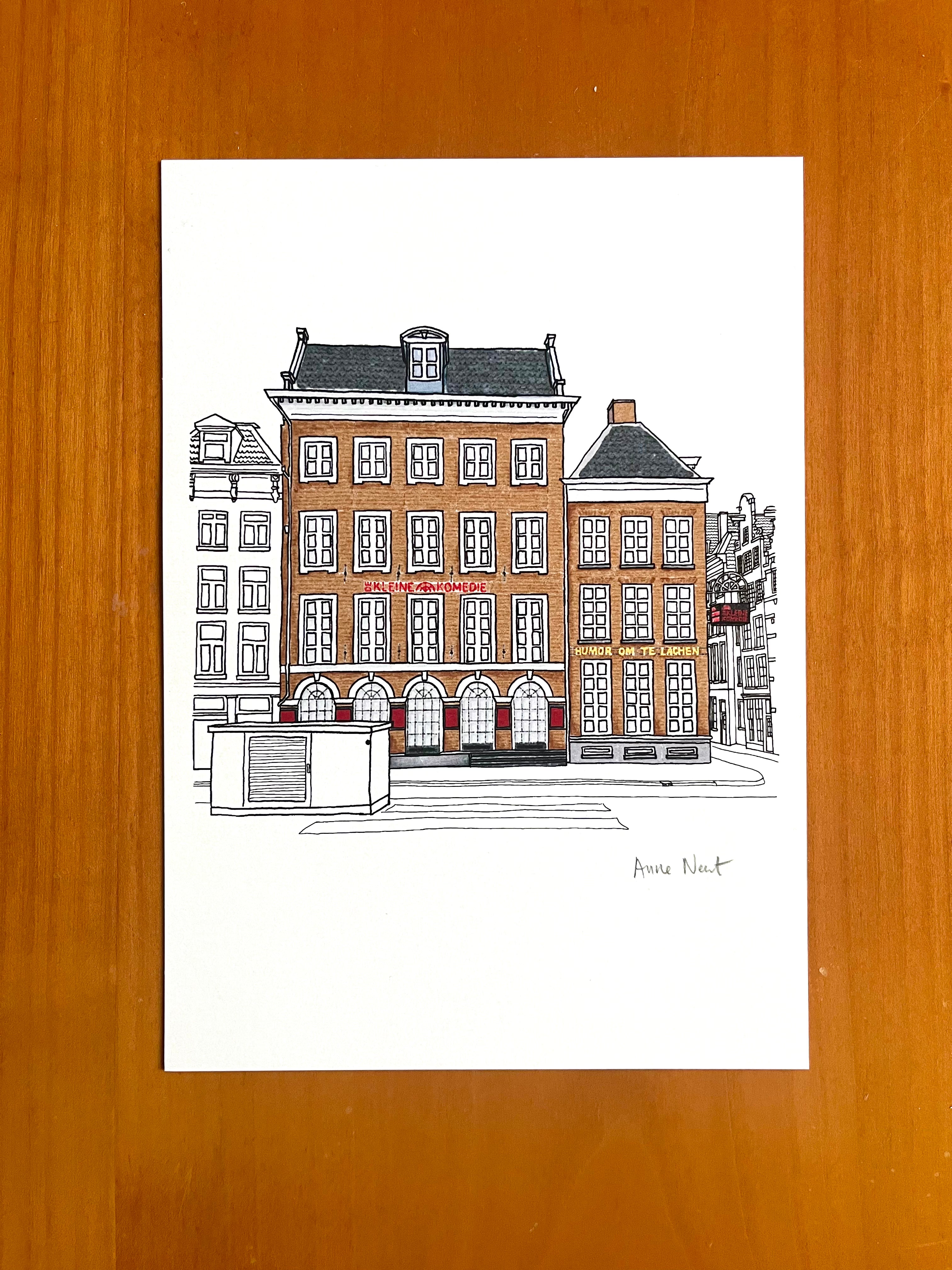Tekening van theater De Kleine Komedie in Amsterdam door Anne Neuteboom cabaretier Anne Neut Boetiek