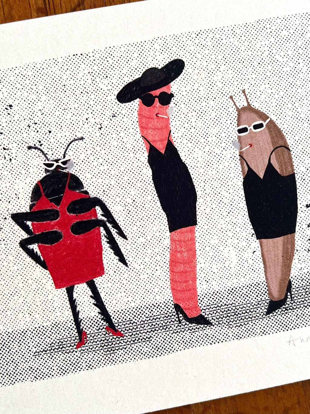 Fine art print van een tekening van een lieveheersbeestje, een worm en een slak in Fashion Week outfits. Getekend door Anne Neuteboom cabaretier Anne Neut Boetiek.