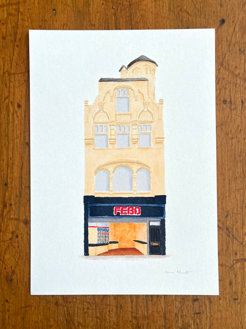 Tekening van FEBO snackbar aan de Leidsestraat in Amsterdam. Getekend door Anne Neuteboom, cabaretier. Anne Neut Boetiek.