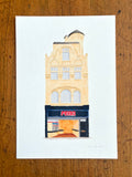 Tekening van FEBO snackbar aan de Leidsestraat in Amsterdam. Getekend door Anne Neuteboom, cabaretier. Anne Neut Boetiek.