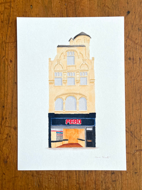 Tekening van FEBO snackbar aan de Leidsestraat in Amsterdam. Getekend door Anne Neuteboom, cabaretier. Anne Neut Boetiek.