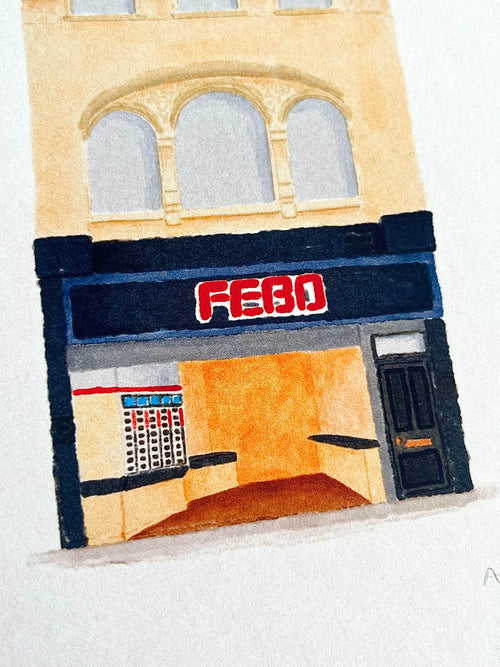 Tekening van FEBO snackbar aan de Leidsestraat in Amsterdam. Getekend door Anne Neuteboom, cabaretier. Anne Neut Boetiek.