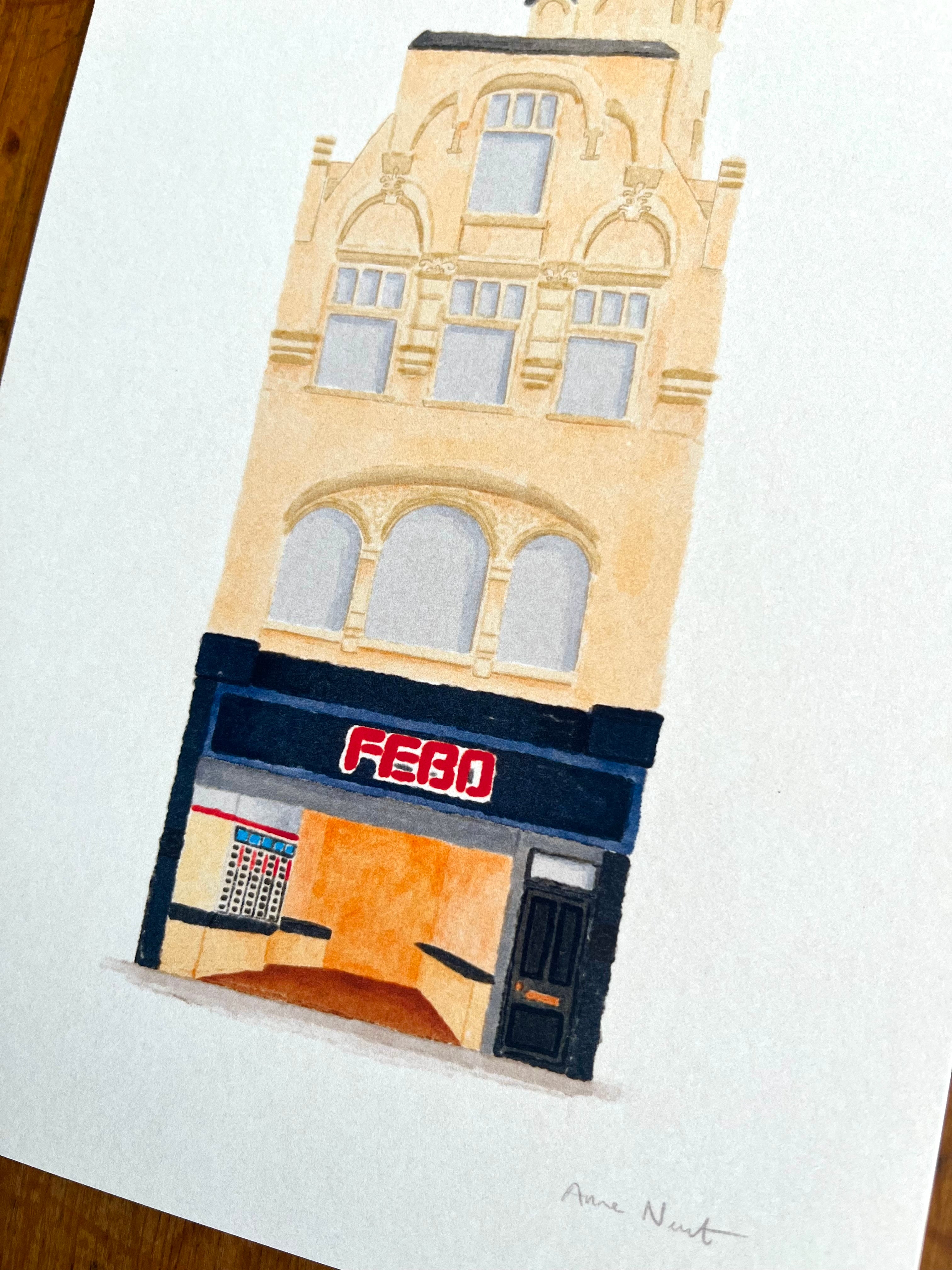 Tekening van FEBO snackbar aan de Leidsestraat in Amsterdam. Getekend door Anne Neuteboom, cabaretier. Anne Neut Boetiek.