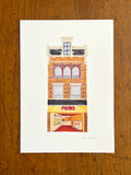 Tekening van FEBO snackbar Nieuwendijk Amsterdam. Getekend door Anne Neuteboom, cabaretier. Anne Neut Boetiek.