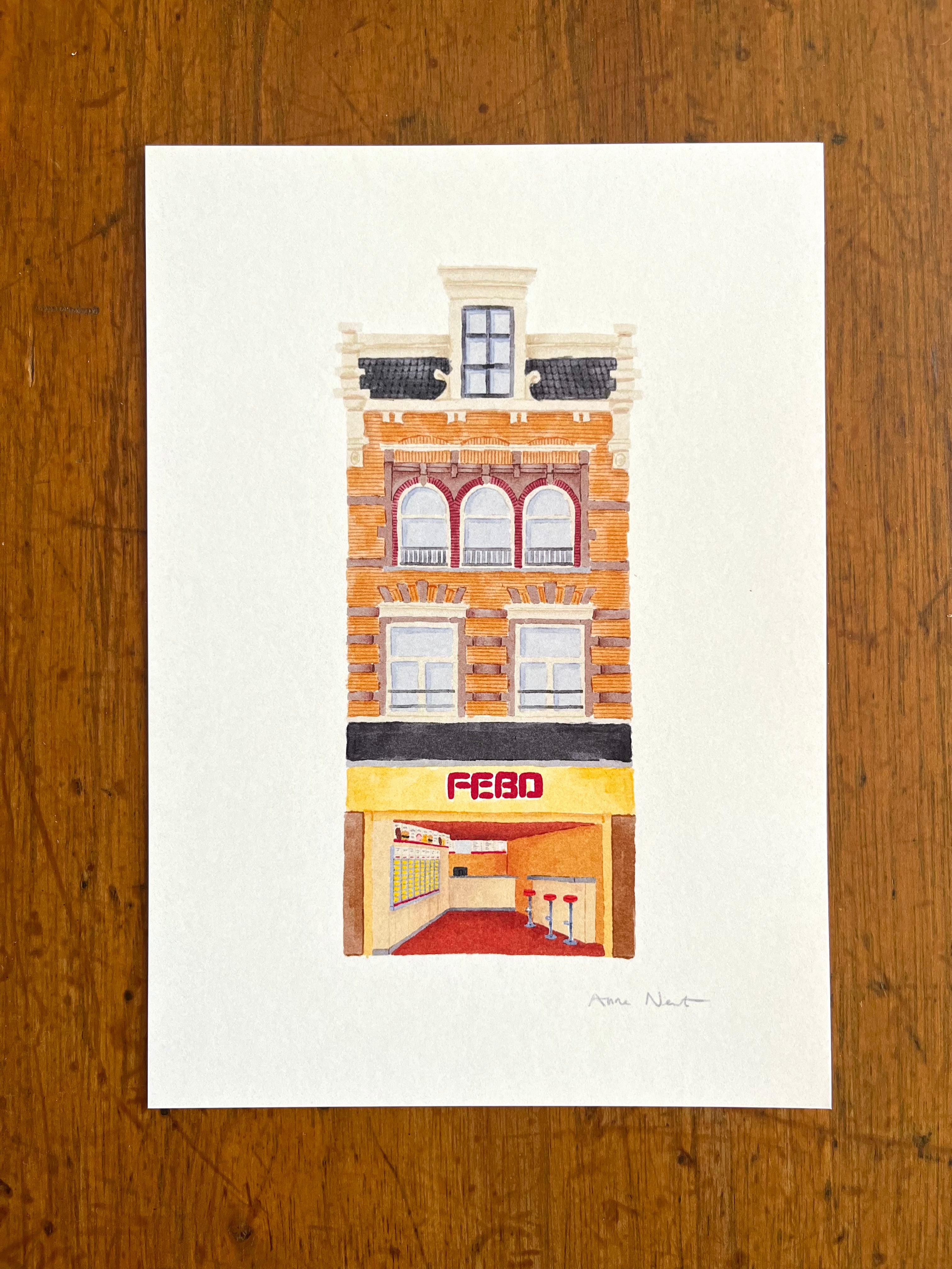 Tekening van FEBO snackbar Nieuwendijk Amsterdam. Getekend door Anne Neuteboom, cabaretier. Anne Neut Boetiek.