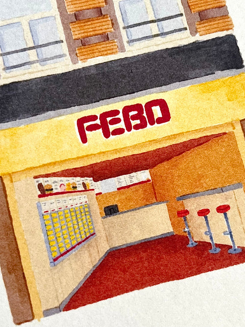 Tekening van FEBO snackbar Nieuwendijk Amsterdam. Getekend door Anne Neuteboom, cabaretier. Anne Neut Boetiek.