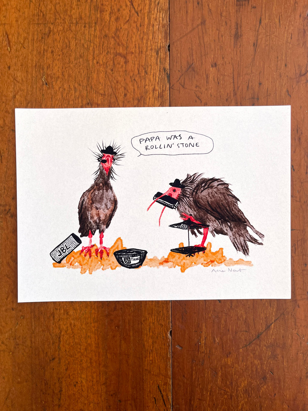Fine art print van een tekening van twee Heremietibissen die muziek maken. Getekend door Anne Neuteboom, cabaretier. 