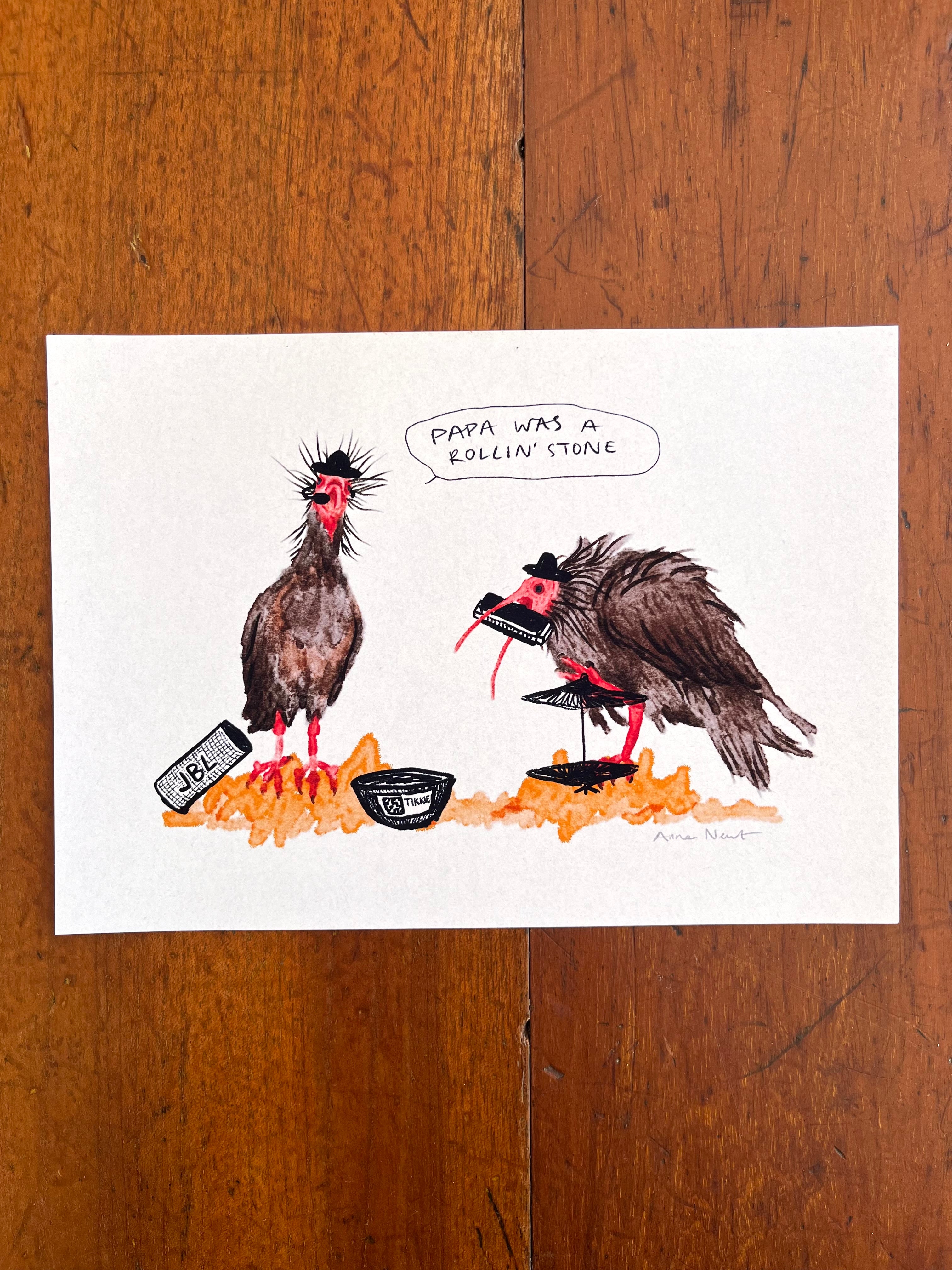 Fine art print van een tekening van twee Heremietibissen die muziek maken. Getekend door Anne Neuteboom, cabaretier. 