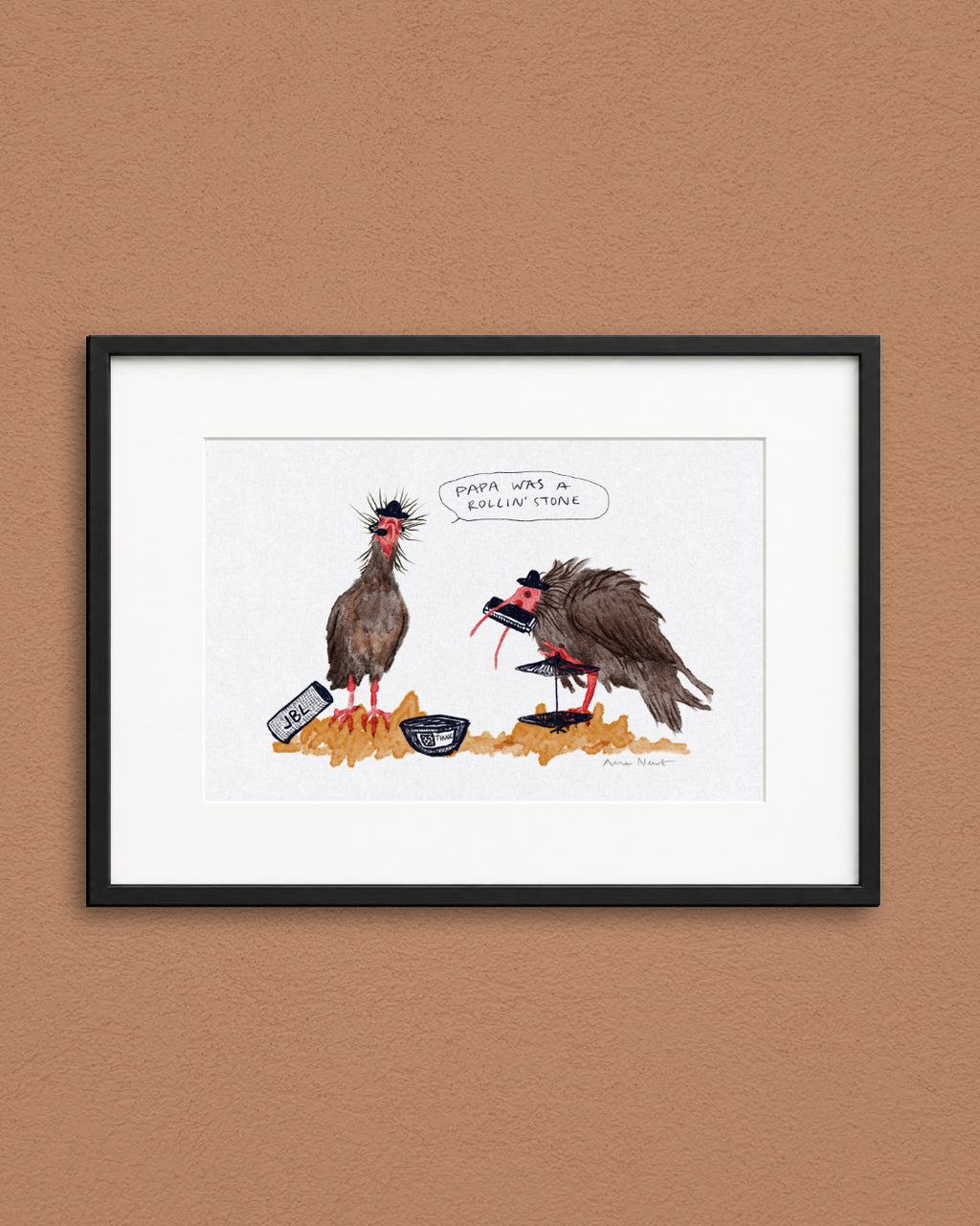 Fine art print van een tekening van twee Heremietibissen die muziek maken. Getekend door Anne Neuteboom, cabaretier. 