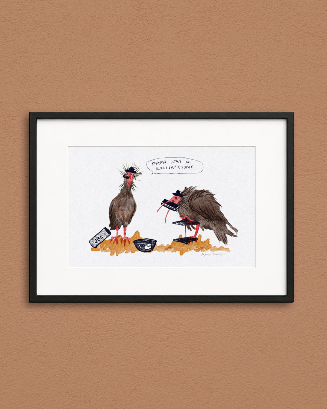 Fine art print van een tekening van twee Heremietibissen die muziek maken. Getekend door Anne Neuteboom, cabaretier. 