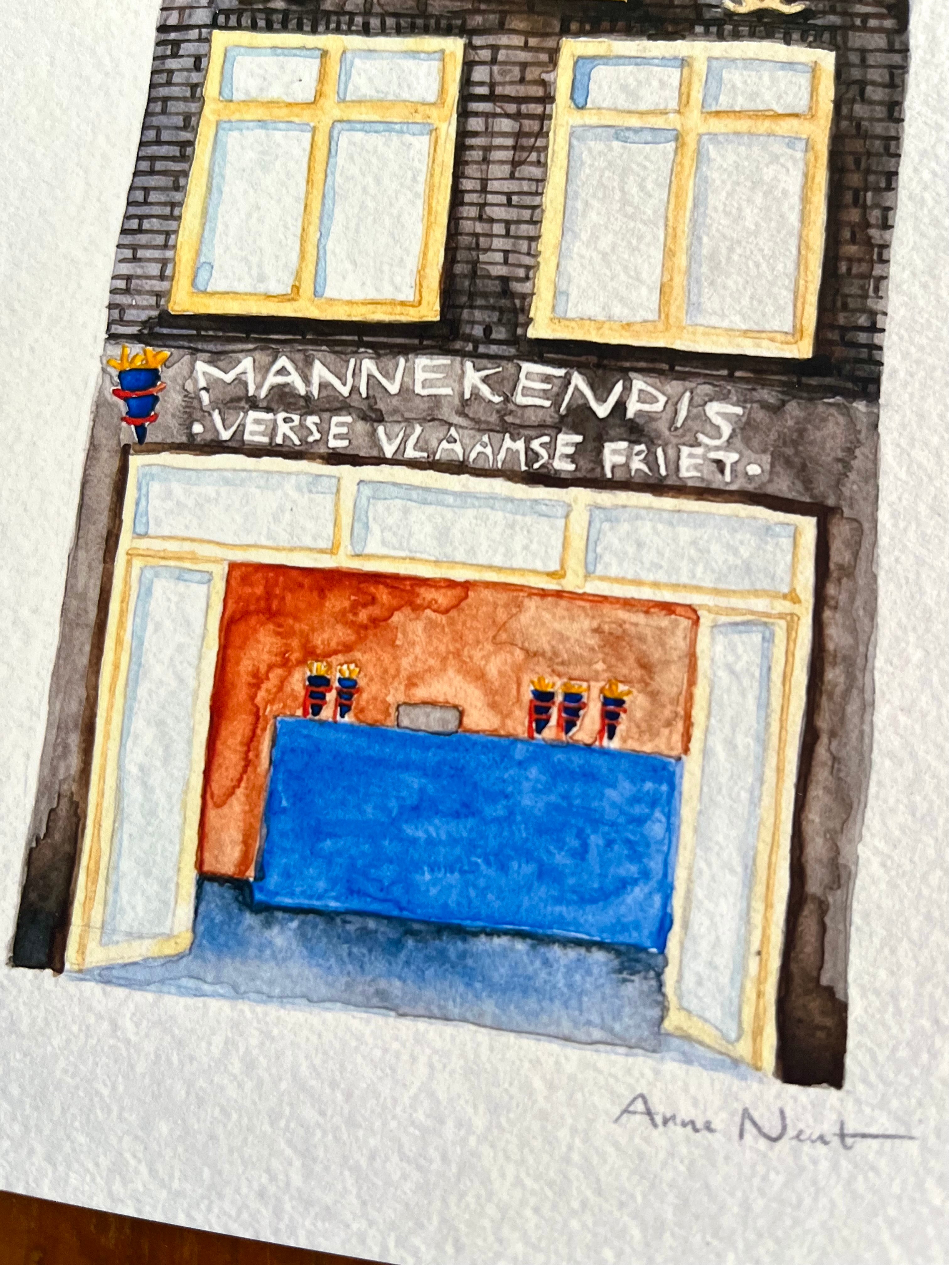 Fine art print van een aquarel van snackbar Mannekenpis in Amsterdam. Geschilderd door Anne Neuteboom, cabaretier. Anne Neut Boetiek.