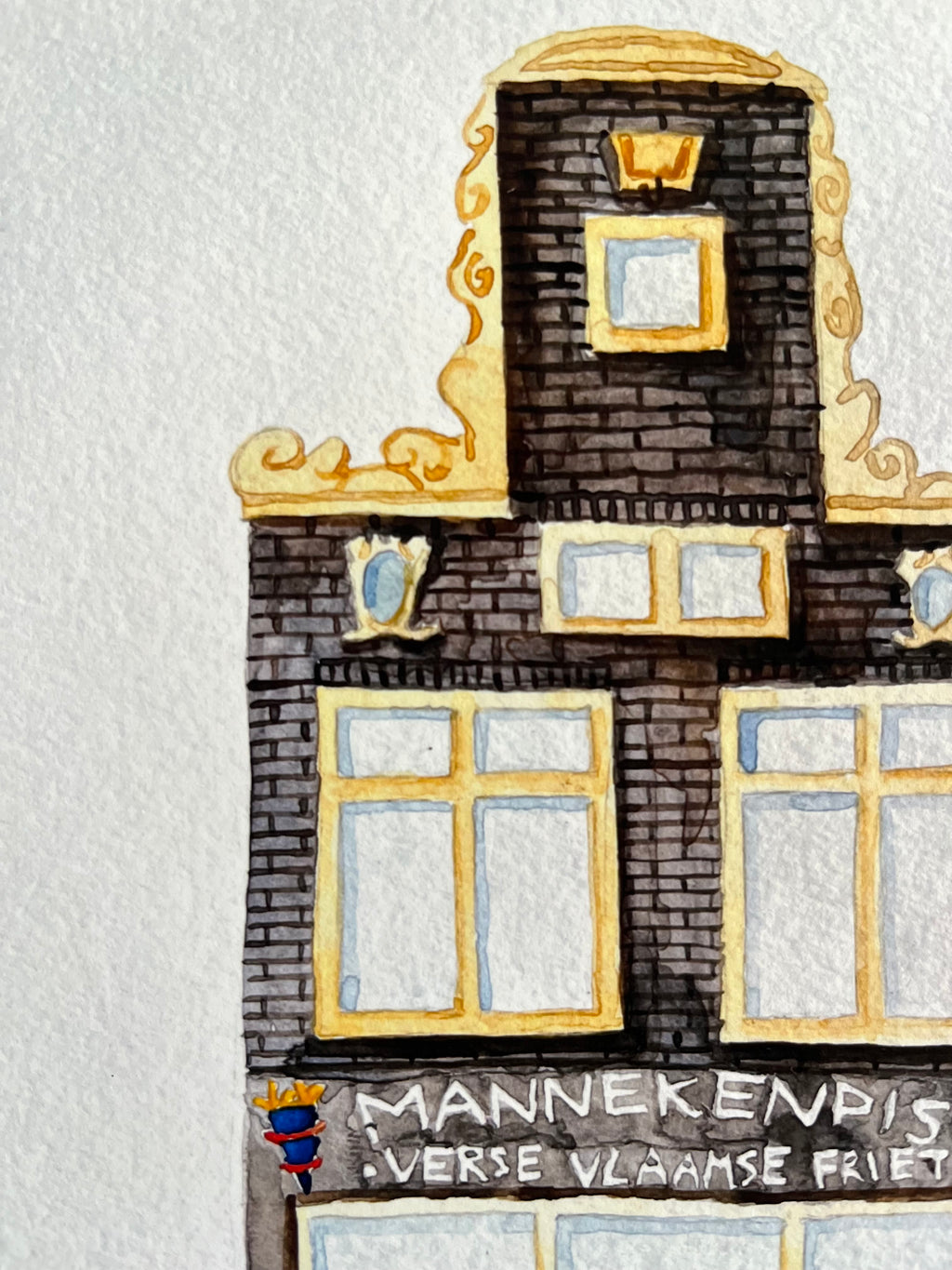 Fine art print van een aquarel van snackbar Mannekenpis in Amsterdam. Geschilderd door Anne Neuteboom, cabaretier. Anne Neut Boetiek.
