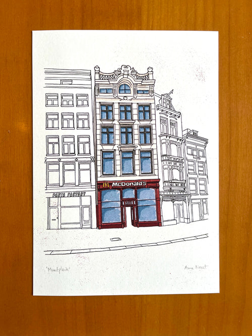 Tekening van de McDonalds op het Muntplein in Amsterdam door Anne Neuteboom cabaretier Anne Neut Boetiek