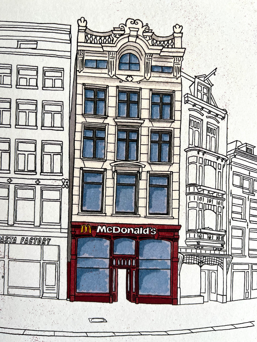 Tekening van de McDonalds op het Muntplein in Amsterdam door Anne Neuteboom cabaretier Anne Neut Boetiek