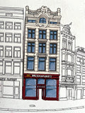 Tekening van de McDonalds op het Muntplein in Amsterdam door Anne Neuteboom cabaretier Anne Neut Boetiek