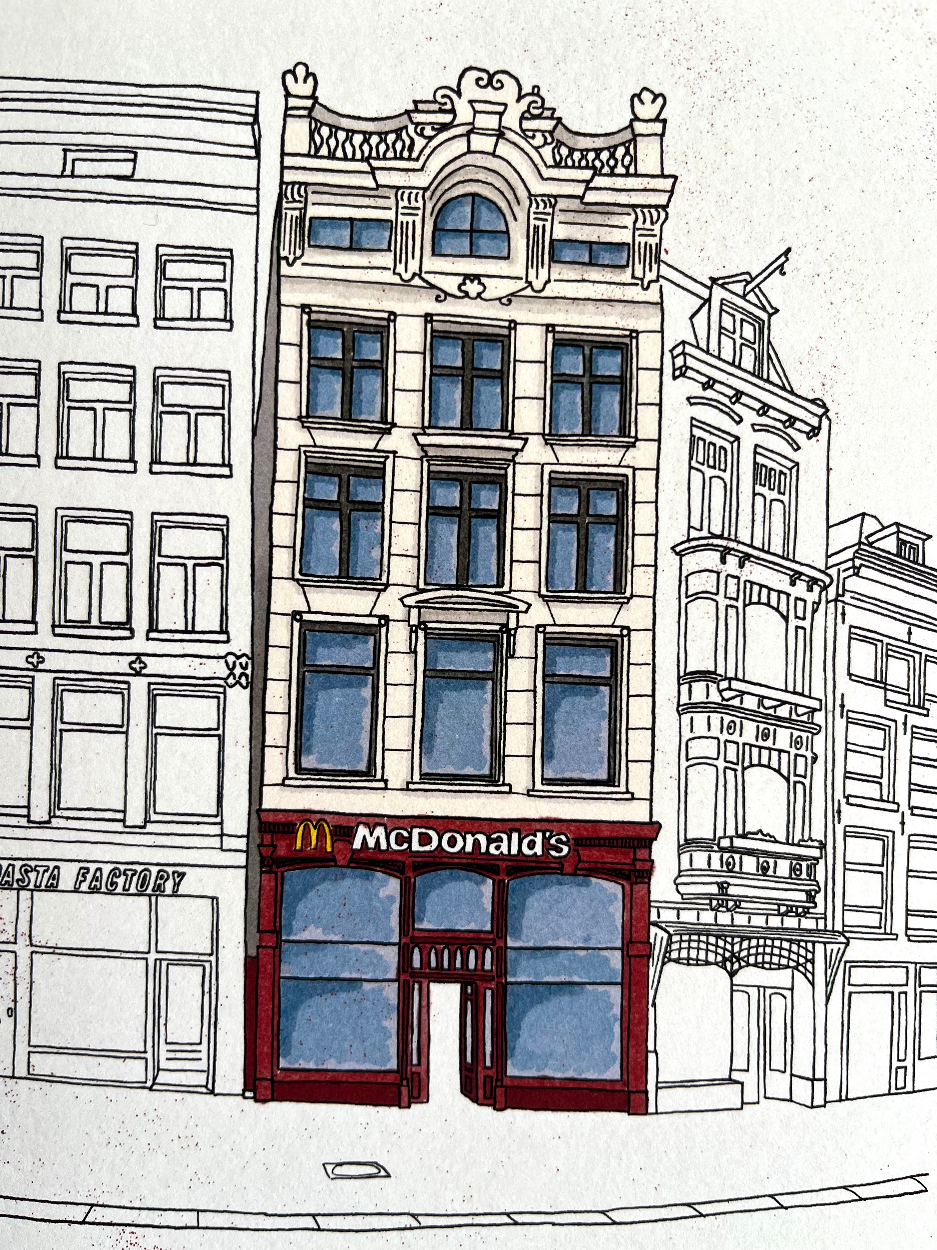 Tekening van de McDonalds op het Muntplein in Amsterdam door Anne Neuteboom cabaretier Anne Neut Boetiek