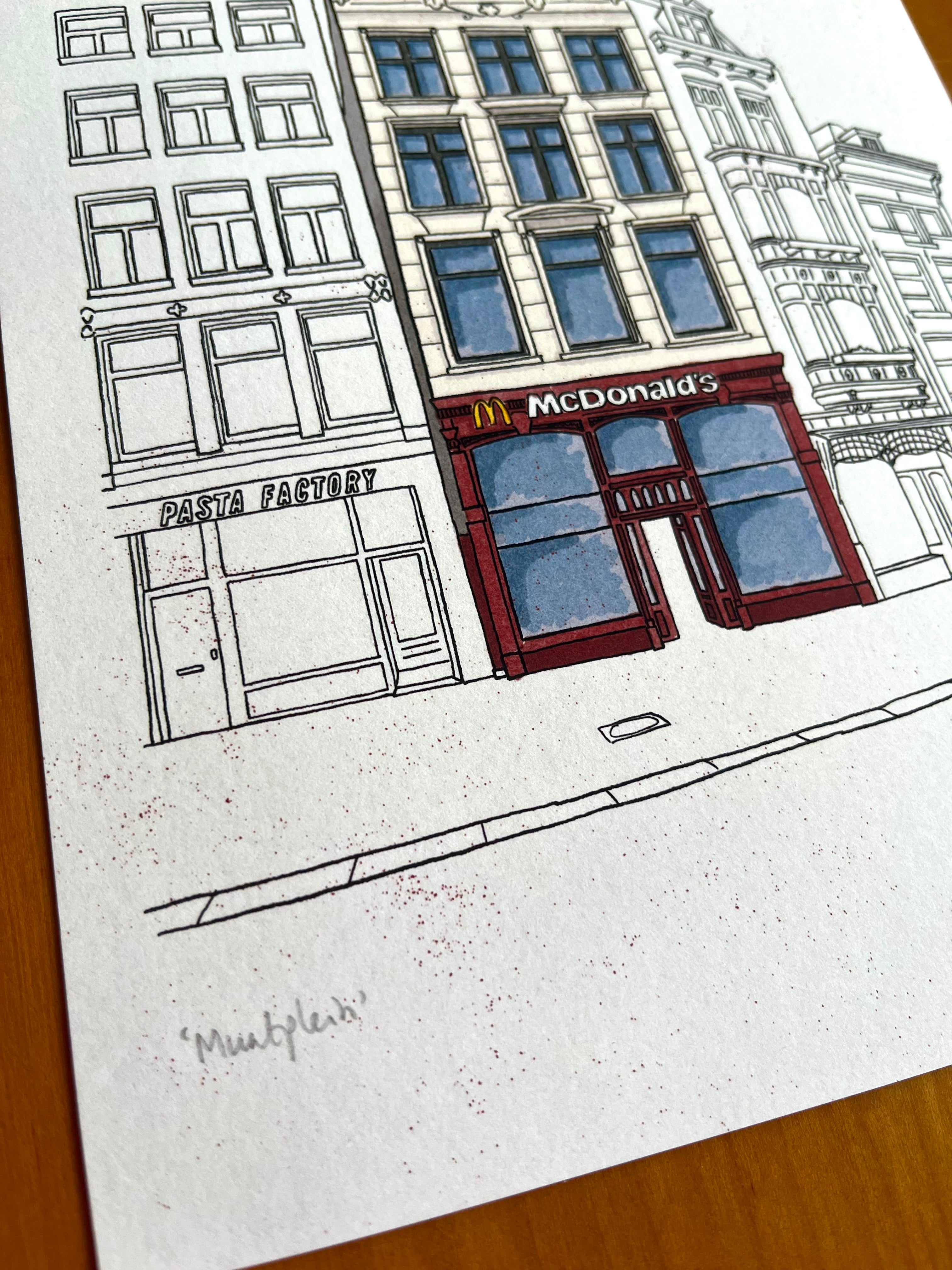 Tekening van de McDonalds op het Muntplein in Amsterdam door Anne Neuteboom cabaretier Anne Neut Boetiek