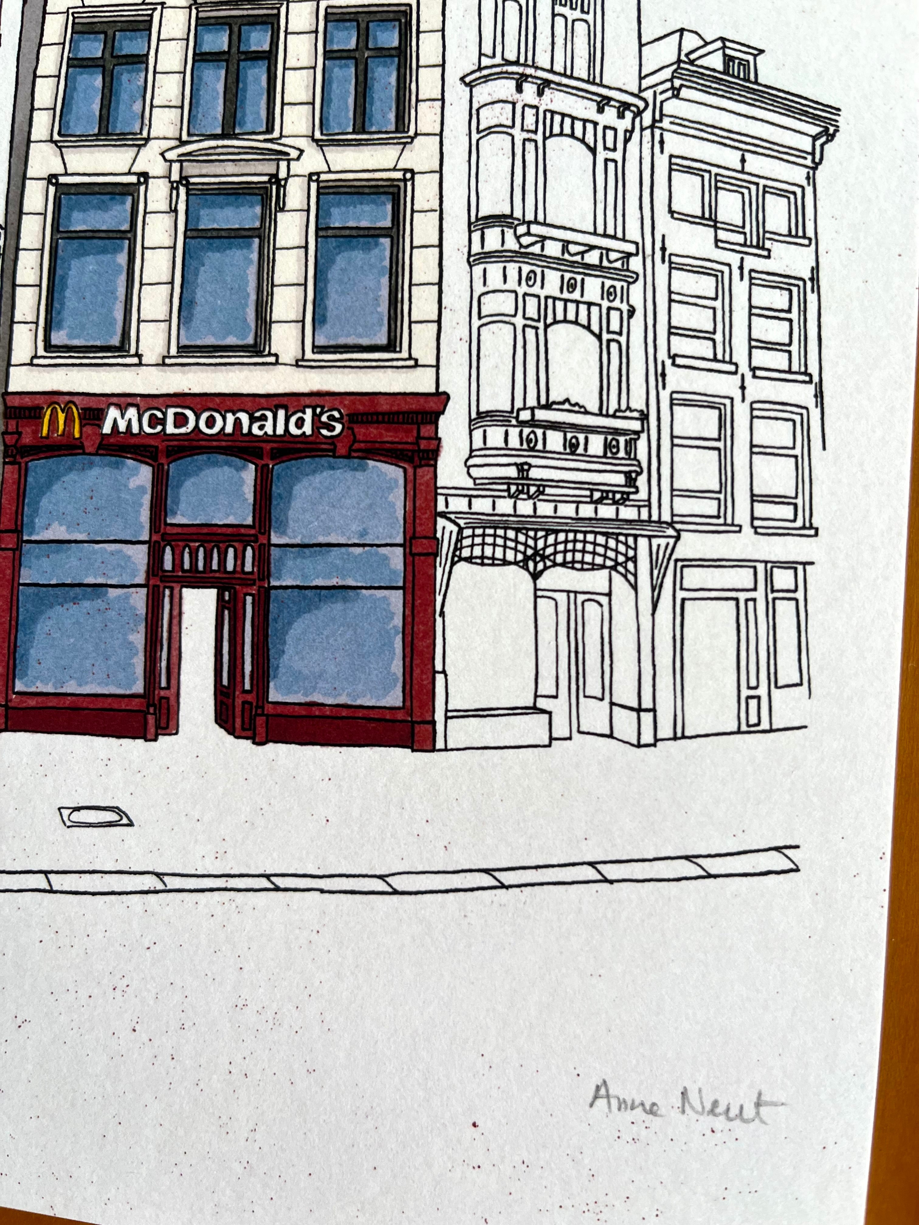 Tekening van de McDonalds op het Muntplein in Amsterdam door Anne Neuteboom cabaretier Anne Neut Boetiek