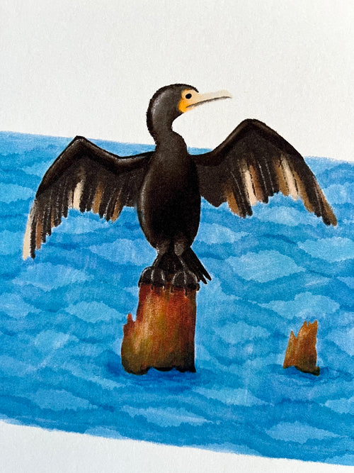 Tekening van twee aalscholvers op boomstronken in het water door Anne Neuteboom cabaretier Anne Neut Boetiek