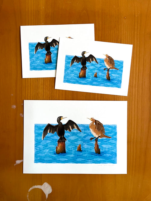 Tekening van twee aalscholvers op boomstronken in het water door Anne Neuteboom cabaretier Anne Neut Boetiek
