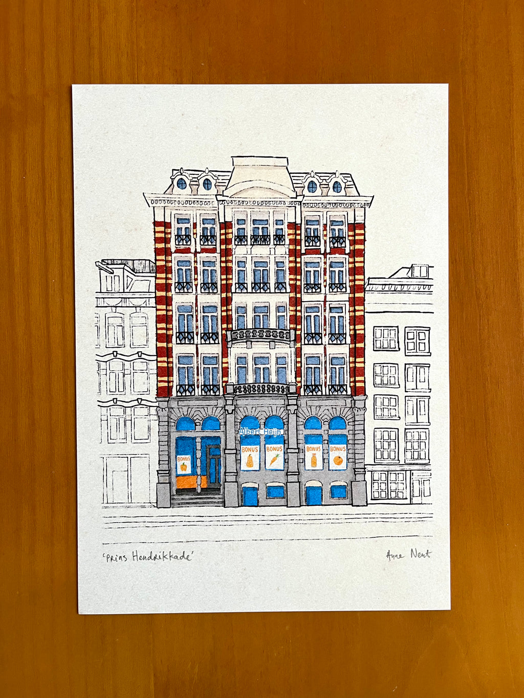 Tekening van supermarkt op de Prins Hendrikkade in Amsterdam door Anne Neuteboom cabaretier Anne Neut Boetiek