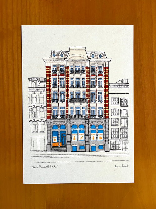 Tekening van supermarkt op de Prins Hendrikkade in Amsterdam door Anne Neuteboom cabaretier Anne Neut Boetiek